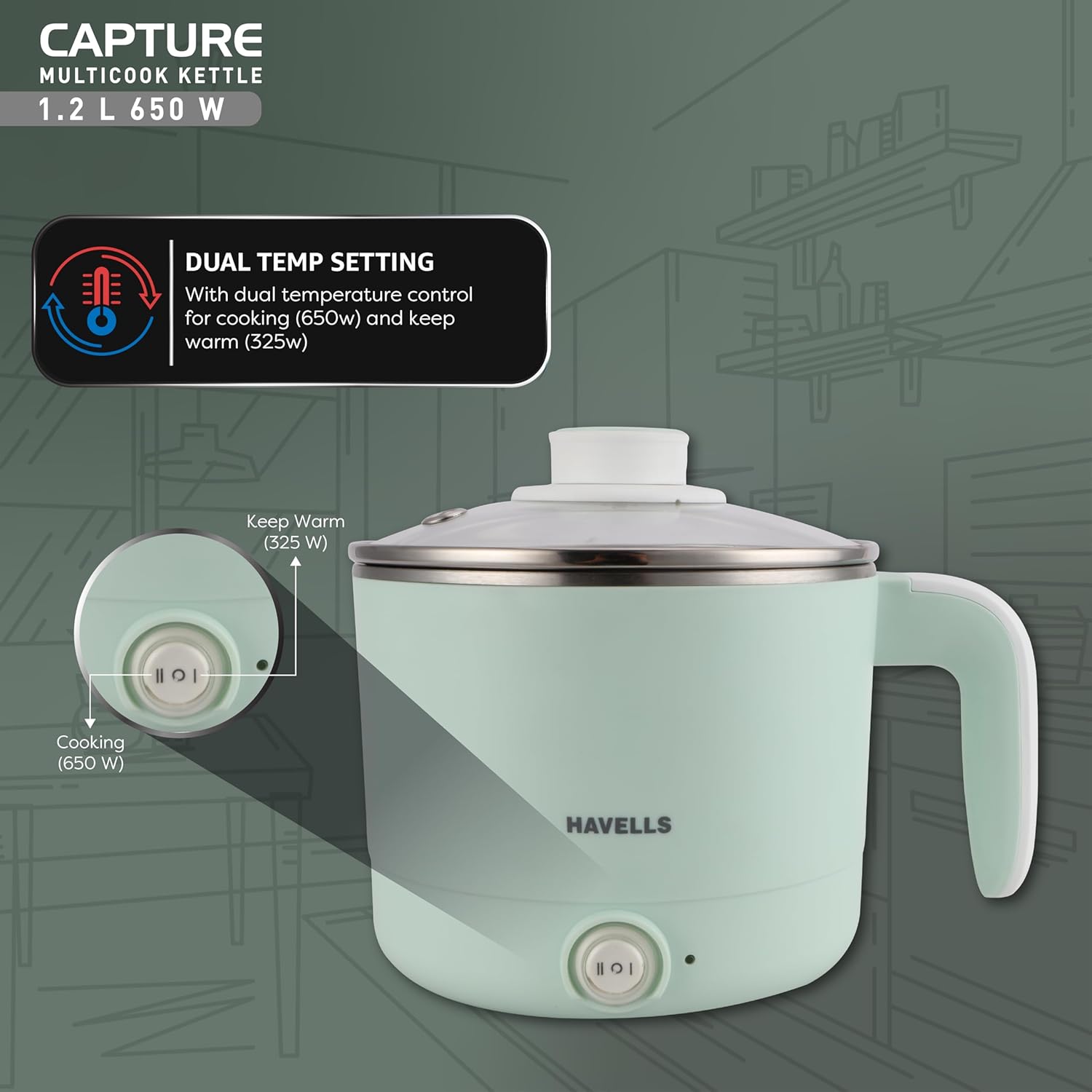 Havells Capture 1.2 L Multi-Cook Electric Kettle with Steamer | 650W